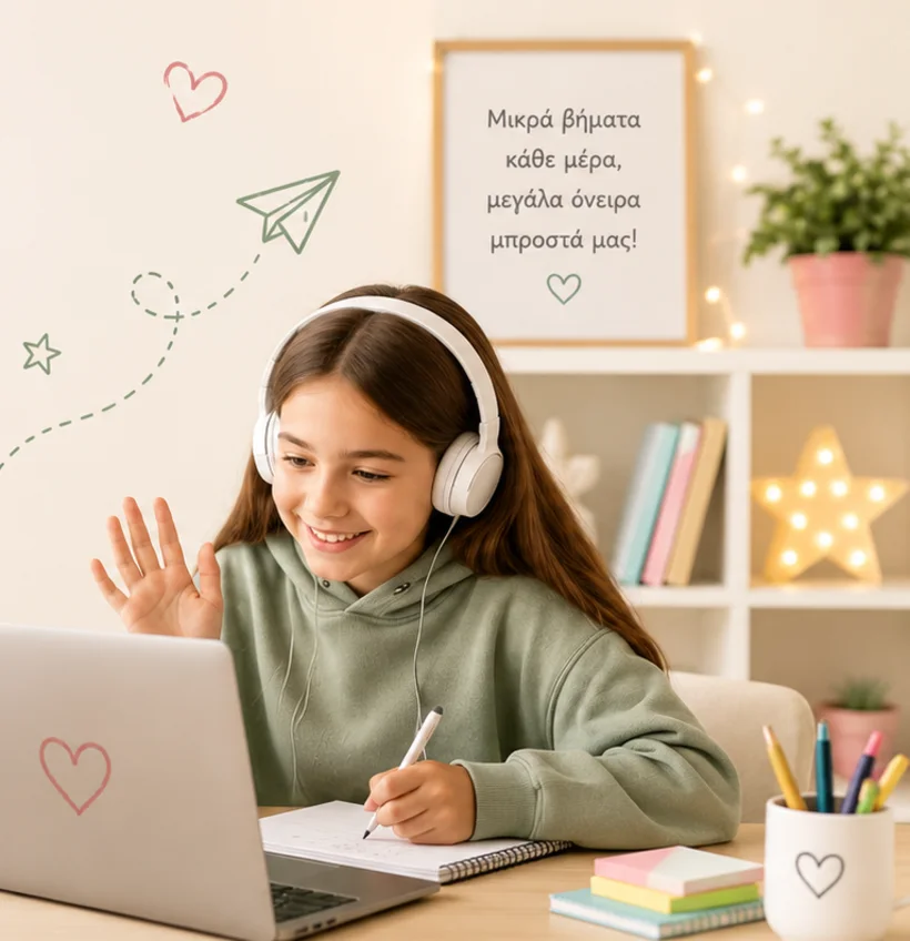 Μαθήτρια σε online μάθημα με ακουστικά