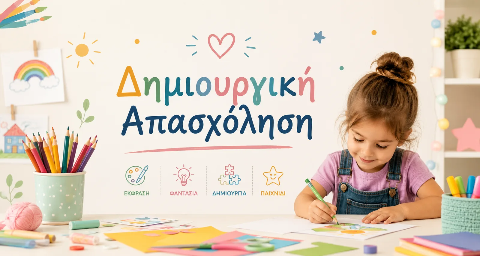 Παιδί ζωγραφίζει σε τραπέζι γεμάτο χρώματα και υλικά χειροτεχνίας — δημιουργική απασχόληση στο Eftychia Education