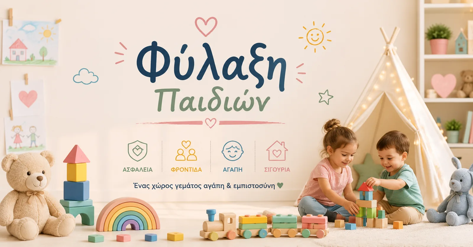 Δύο παιδιά παίζουν με ξύλινα τουβλάκια σε ζεστό, φιλικό χώρο παιχνιδιού — φύλαξη παιδιών στο Eftychia Education