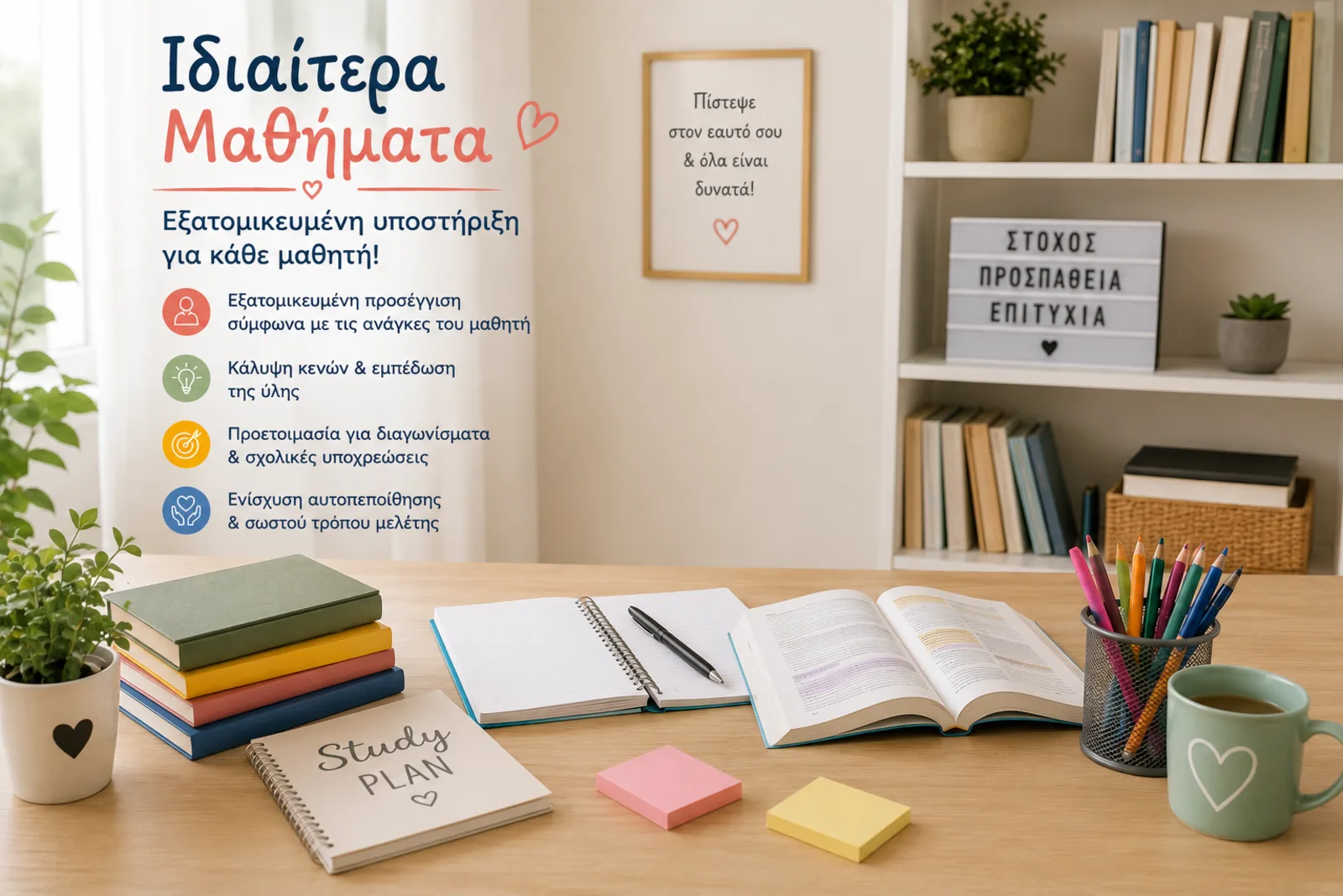 Οργανωμένο γραφείο μελέτης με βιβλία, τετράδια και πρόγραμμα διαβάσματος — ιδιαίτερα μαθήματα στο Eftychia Education