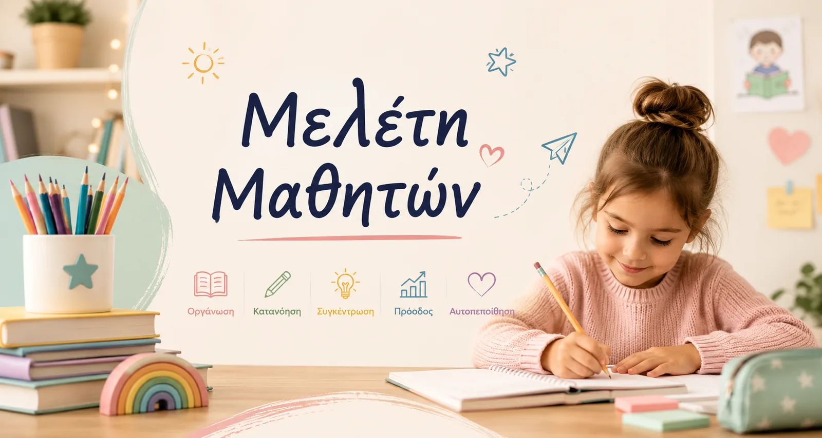 Μαθήτρια γράφει στο τετράδιό της σε οργανωμένο χώρο μελέτης — μελέτη μαθητών στο Eftychia Education