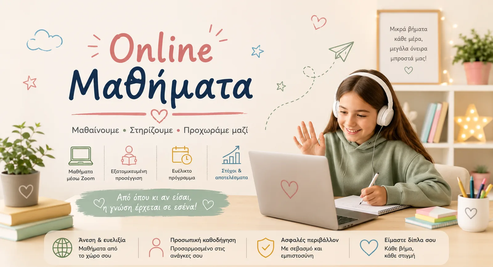 Μαθήτρια με ακουστικά χαιρετά μπροστά στον υπολογιστή της κατά τη διάρκεια μαθήματος — online μαθήματα στο Eftychia Education