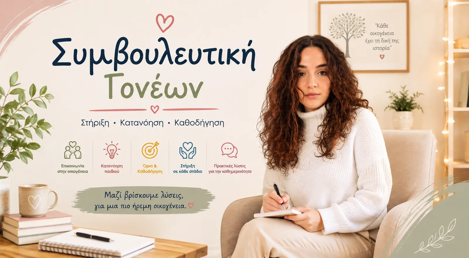 Η Ευτυχία Οικονόμου, Κλινική Κοινωνιολόγος, κρατά σημειώσεις σε ήρεμο χώρο συνεδρίας — συμβουλευτική γονέων στο Eftychia Education